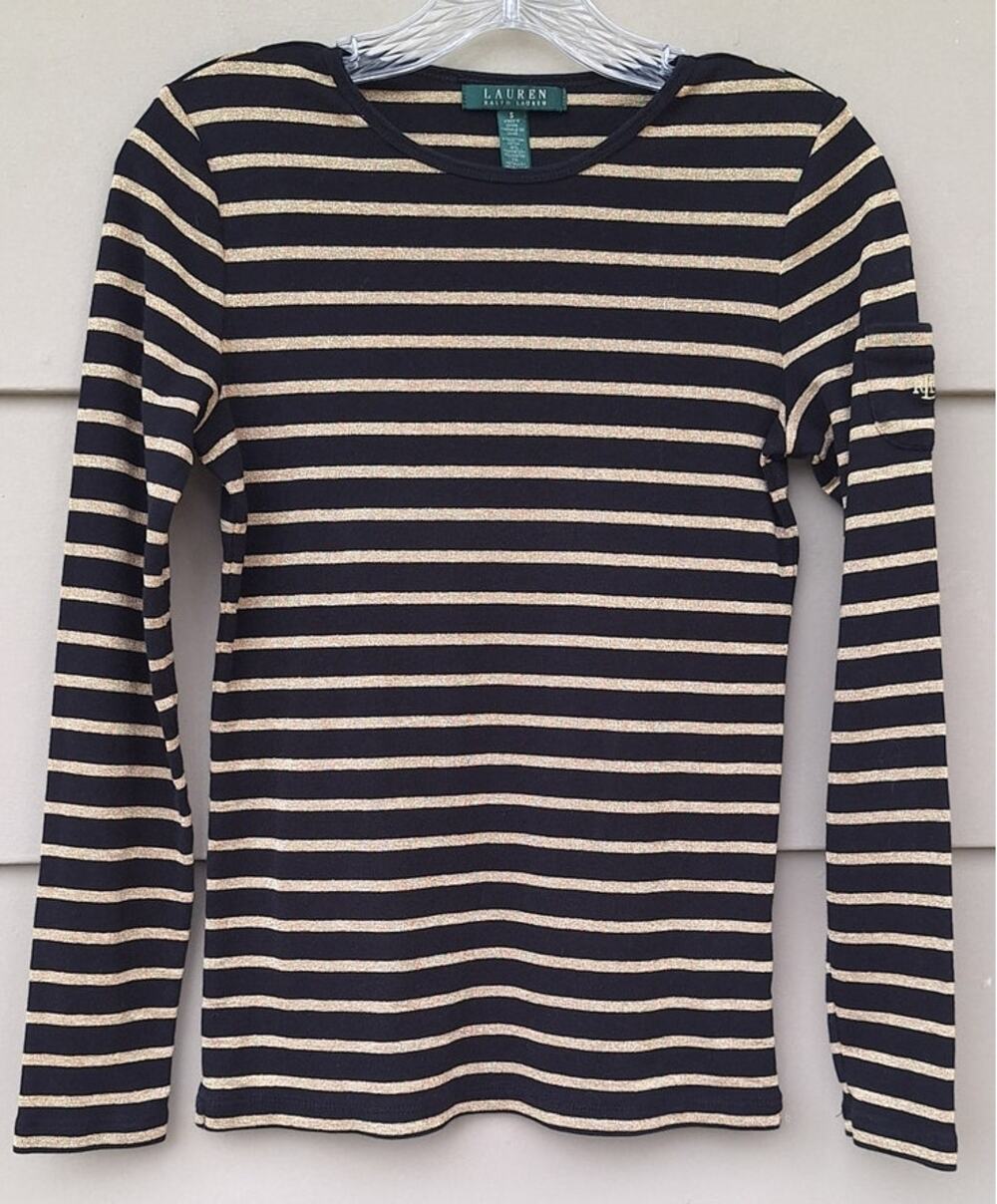 Lauren Ralph Lauren Y2K Long Sleeves T Shirt Top Black Metallic Gold Stripes S